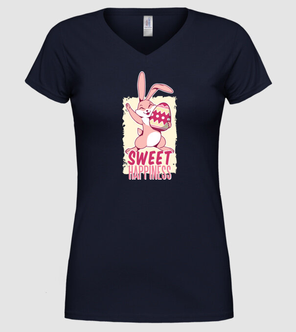 Sweet Happiness pentru Paște tricou cu iepuraș model albastru închis pe tricou