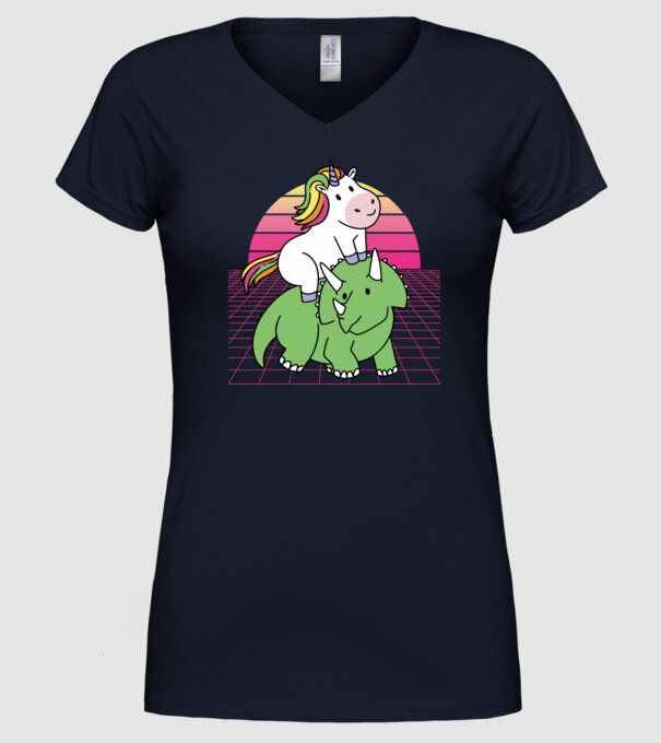 Unicorn pe dinozaur retro model albastru închis pe tricou