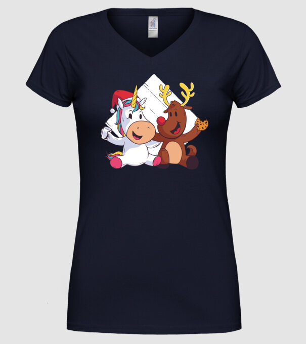 Unicorn și Ren prietenie tricou drăguț de Crăciun model albastru închis pe tricou