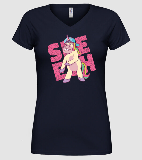 Unicorn Shesh model albastru închis pe tricou