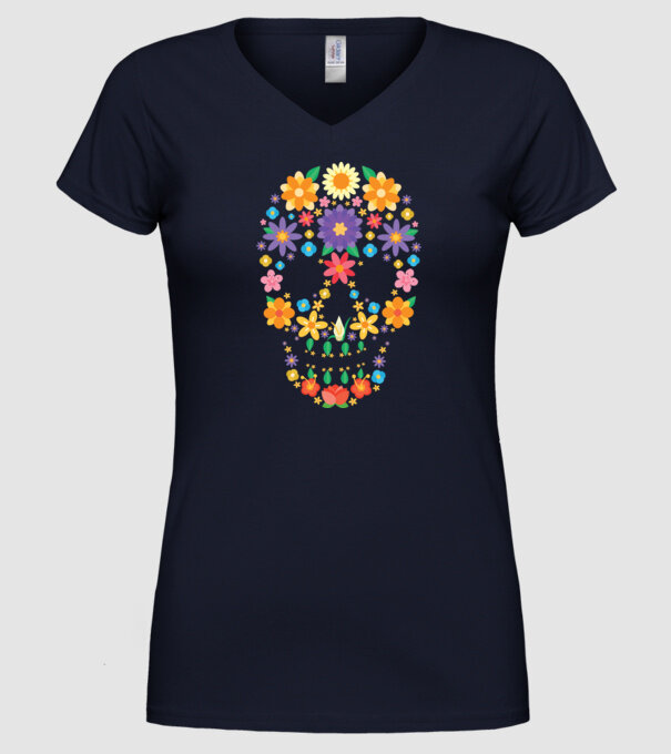 Craniu cu Flori model albastru închis pe tricou