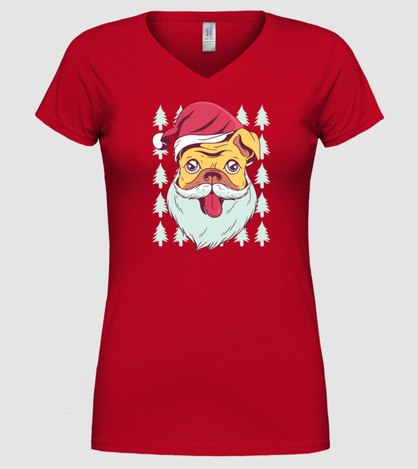 Tricou Crăciun Mops model roșu pe tricou