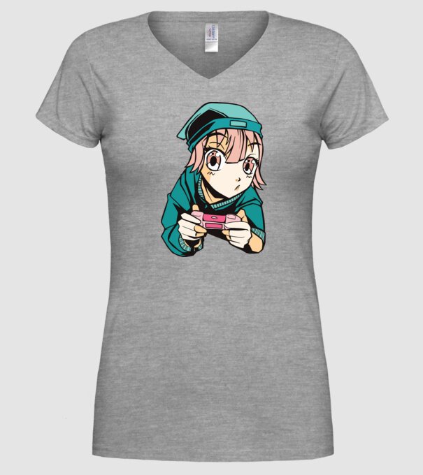 Anime fată Gamer model gri pe tricou
