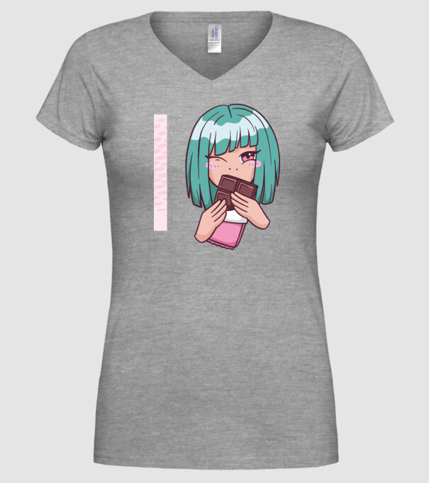 Anime fată cu ciocolată model gri pe tricou