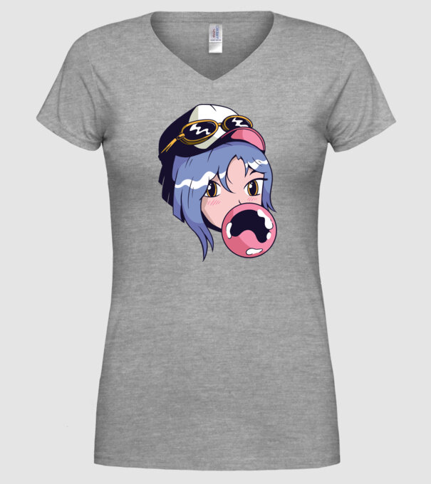 fată Anime cu gumă de mestecat model gri pe tricou