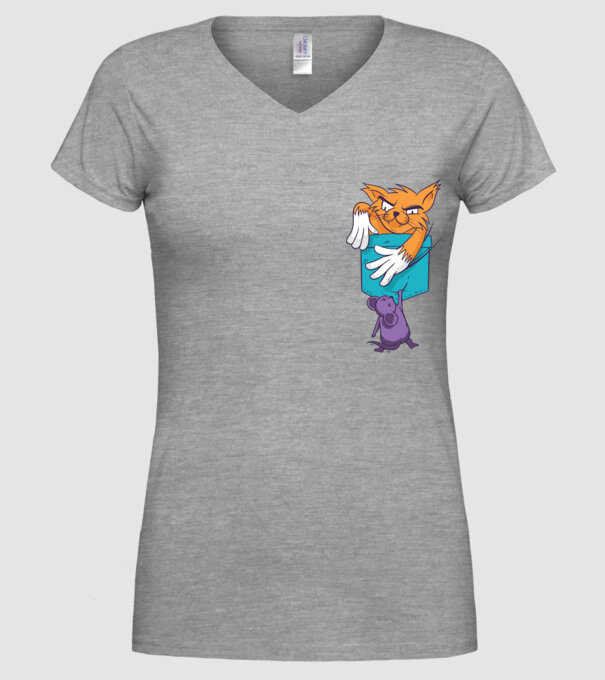 Pisică cu șoarece buzunar model gri pe tricou