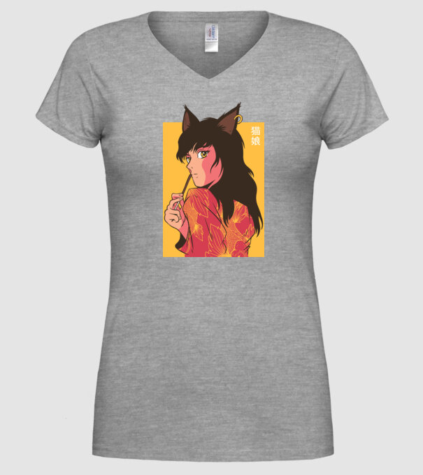 Pisică Fată Anime model gri pe tricou