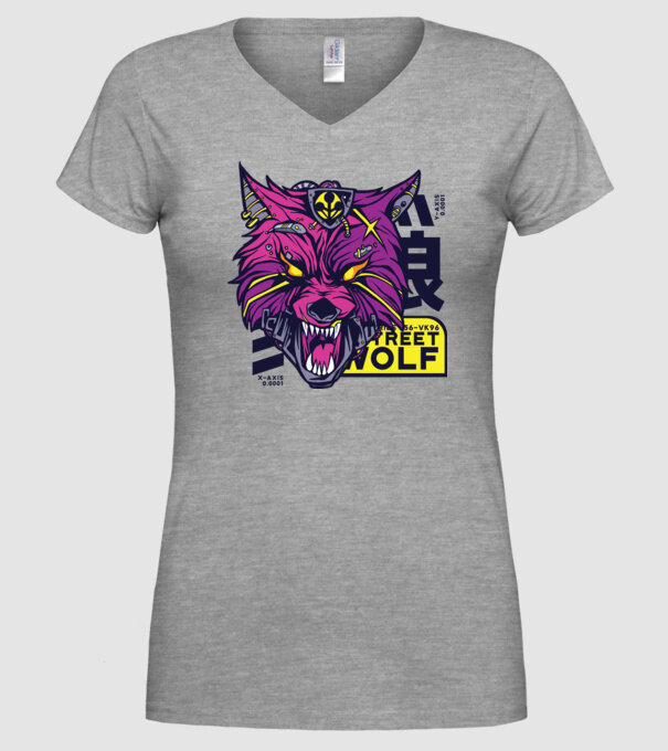 Cap de lup Cyberpunk model gri pe tricou