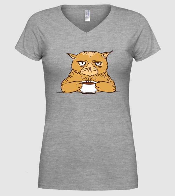 Grumpy Cat - Pisică supărată cu cafea model gri pe tricou