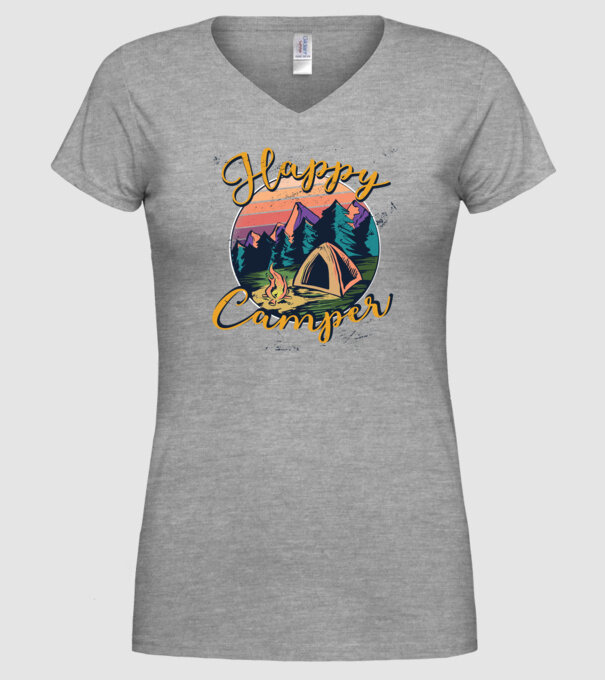Happy Camper tricou camping model gri pe tricou