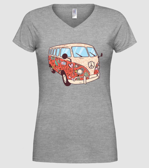Tricou microbuz hippi retro model gri pe tricou