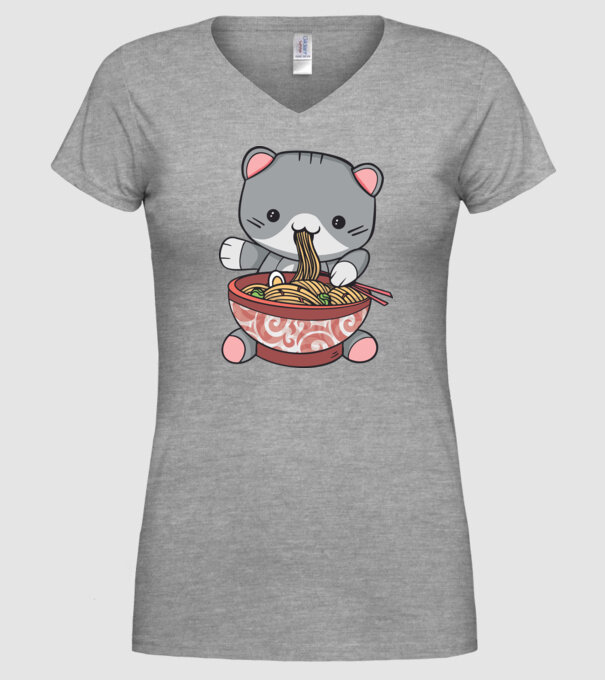 Pisică Kawaii Ramen model gri pe tricou