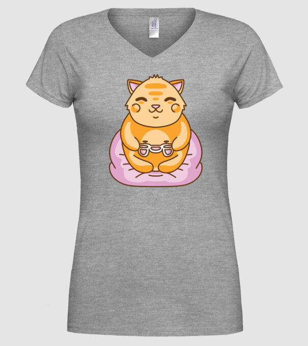 Pisică Gamer Kawaii model gri pe tricou
