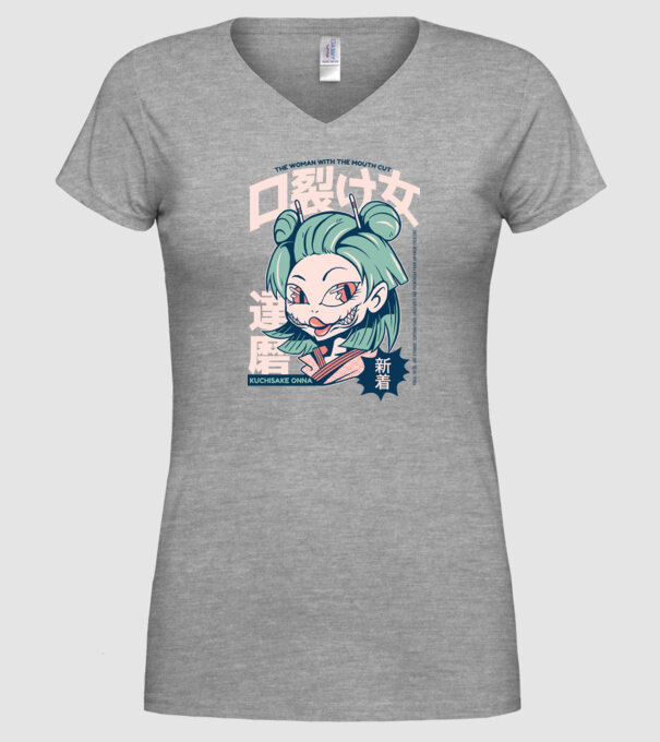 Kuchisake Onna Yokai Anime model gri pe tricou
