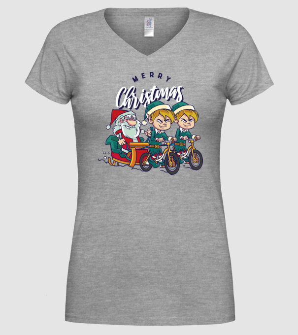 Merry Christmas Moș Crăciun cu sanie cu bicicletă model gri pe tricou