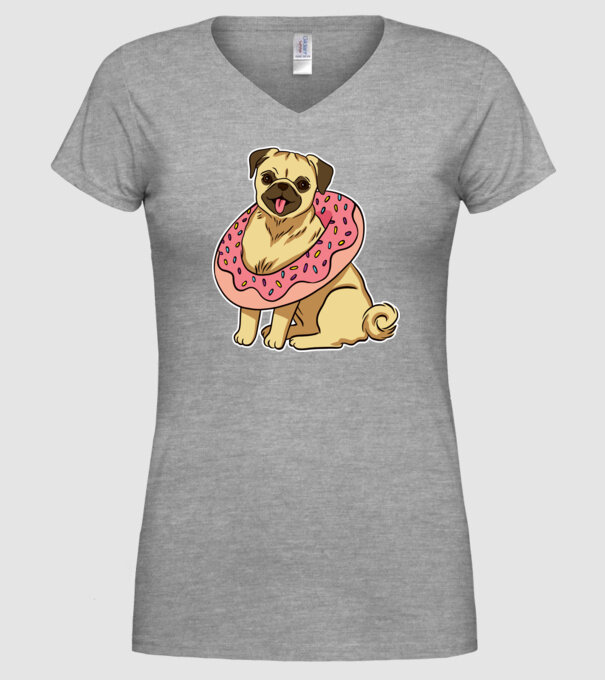 Mops cu gogoașă la gât model gri pe tricou