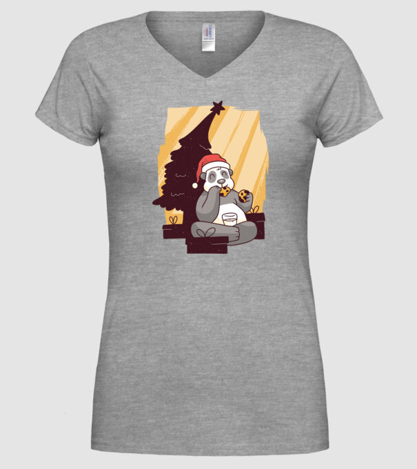 Panda mâncând prăjituri tricou Crăciun model gri pe tricou