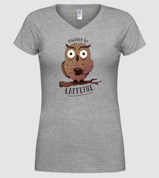 Powered by Caffeine - Tricou cu bufniță și energie de cafeină model gri pe tricou