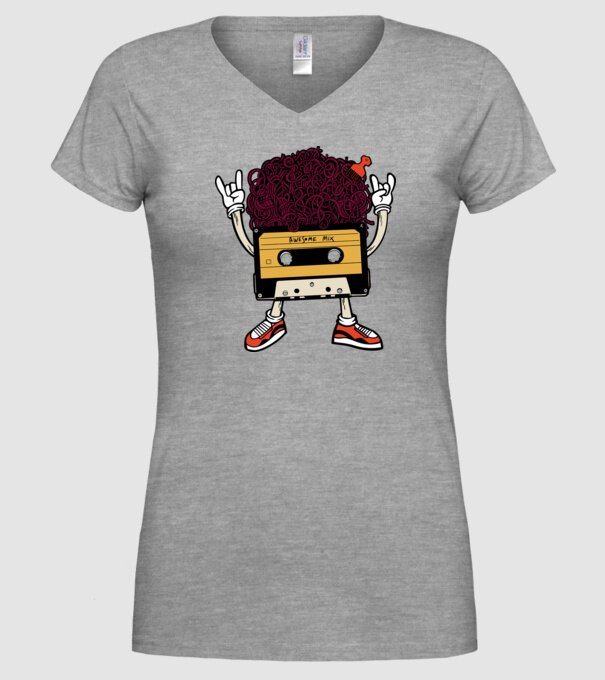 Casetă retro cu păr afro model gri pe tricou