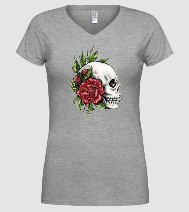 Trandafiri și craniu model gri pe tricou