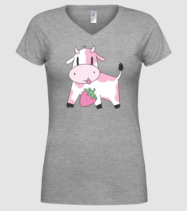 Vacă cu căpșuni model gri pe tricou
