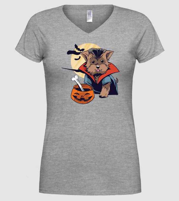 Vampir Yorkie Halloween model gri pe tricou
