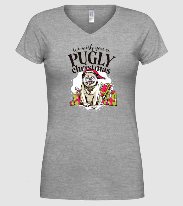 We wish You a Pugly Christmas tricou cu mops model gri pe tricou