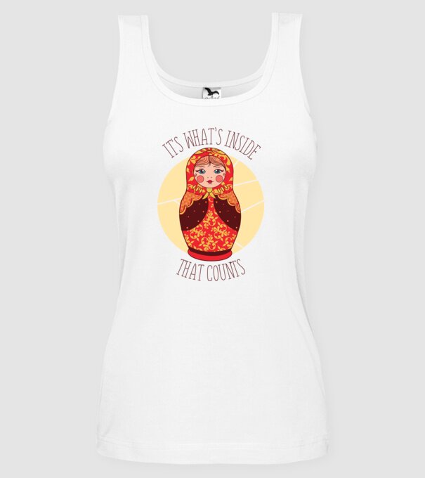 Interiorul contează - păpușă Mamushka model alb pe tricou