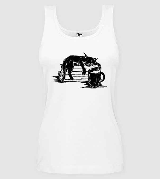 Pisică și cafea model alb pe tricou