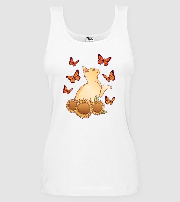 Pisică cu fluturi model alb pe tricou