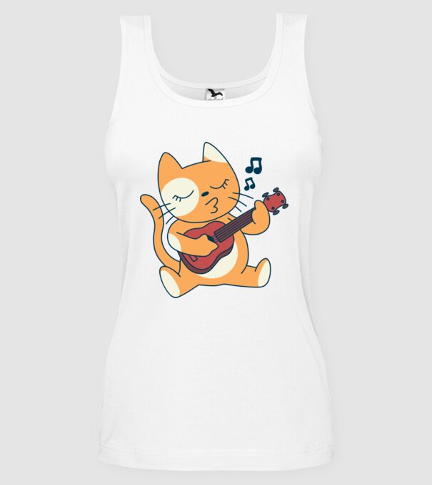 Pisică chitară Ukulele model alb pe tricou