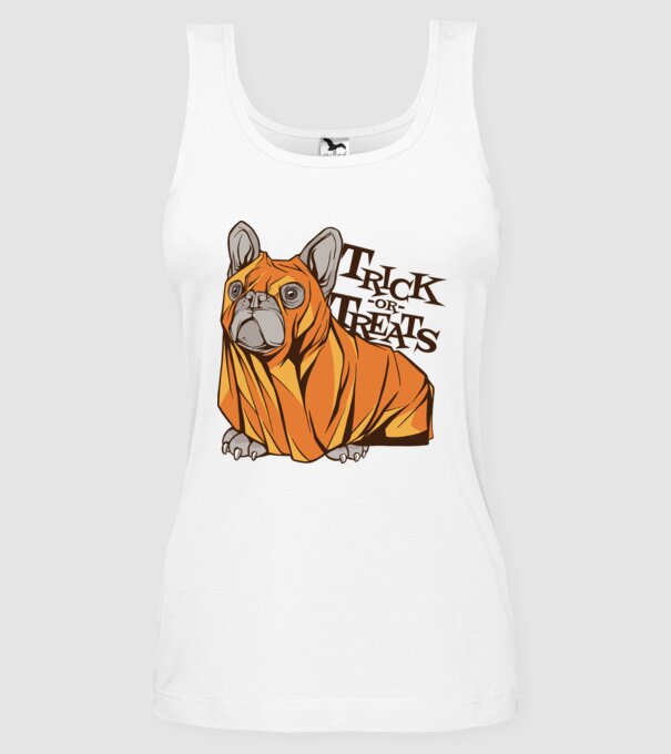 Trick or Treat Mops Halloween model alb pe tricou