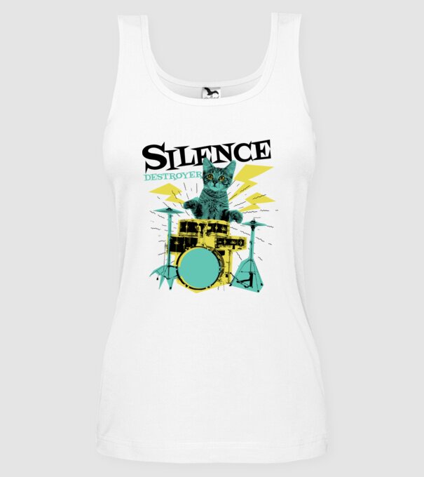 Pisică Baterist - Silence Destroyer model alb pe tricou