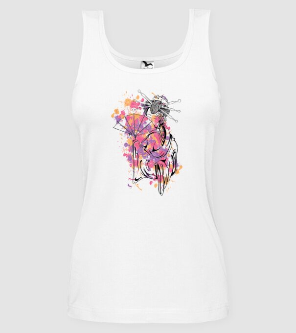 Geisha cu evantai model alb pe tricou