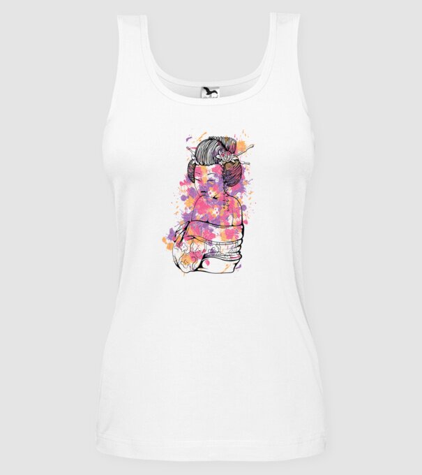 Geisha colorată model alb pe tricou