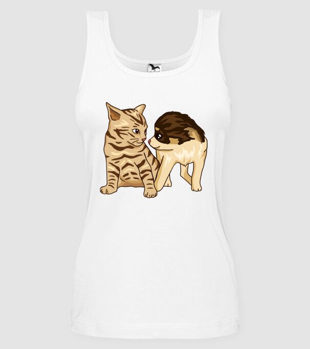 cuplu drăguț câine și pisică model alb pe tricou