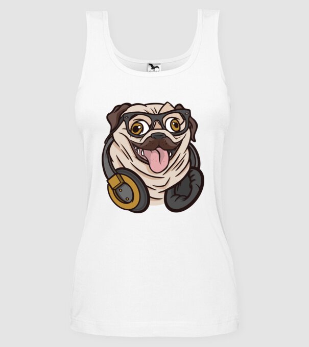 Mops cu căști model alb pe tricou