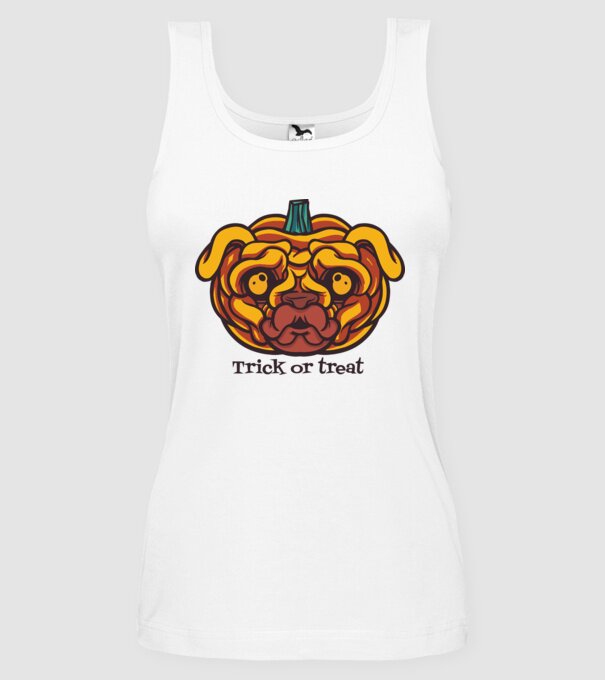 Mops cap de dovleac Halloween model alb pe tricou