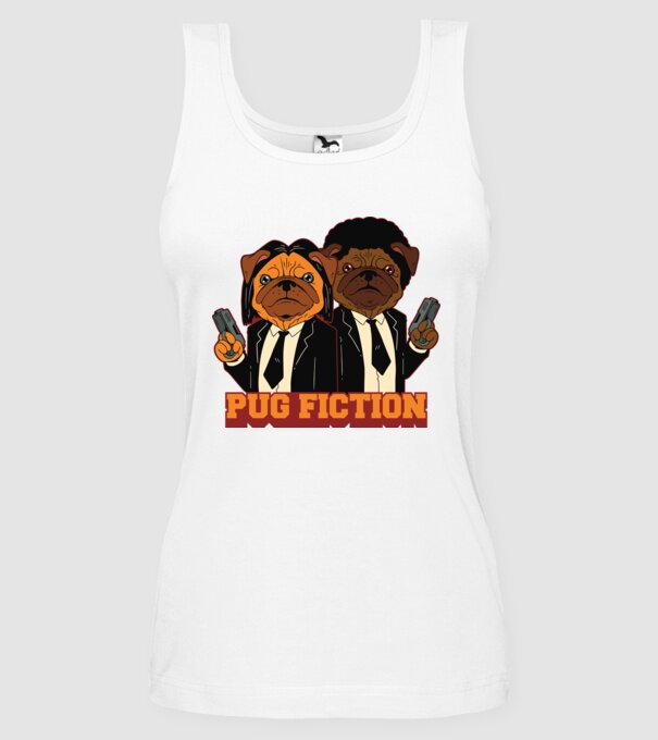 Pug Fiction Pugs Mops Pulp Fiction parodie model alb pe tricou