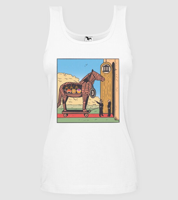 Cal troian Bitcoin model alb pe tricou
