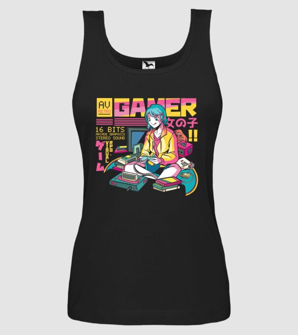 Anime fată Gamer model negru pe tricou