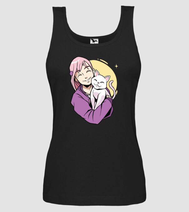 Anime fată cu pisică model negru pe tricou