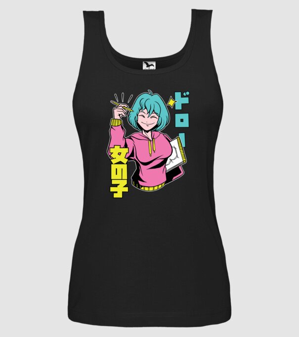 Anime fată desenând model negru pe tricou