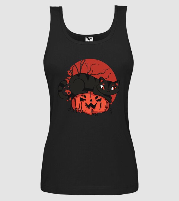Pisică pe dovleac Halloween model negru pe tricou