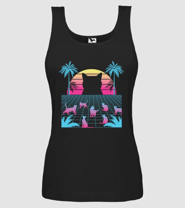 Pisică Vaporwave neon model negru pe tricou