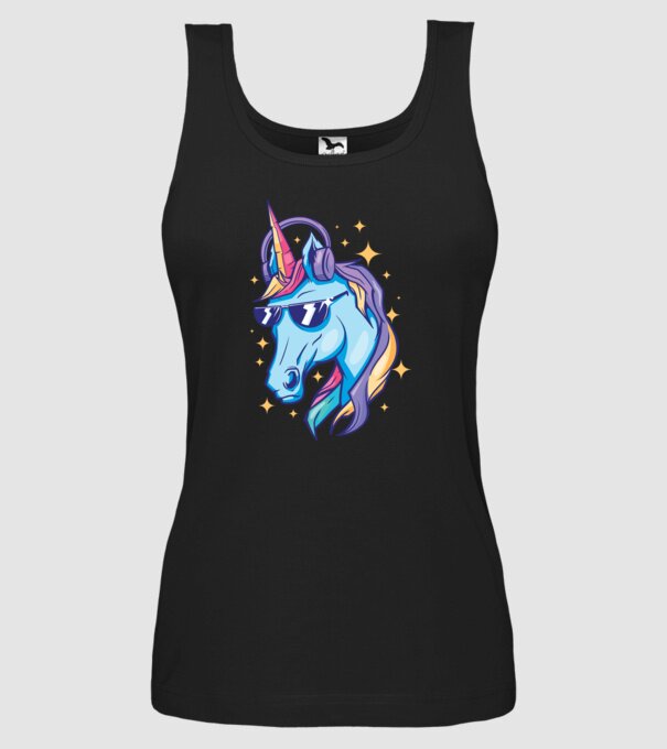 Unicorn strălucitor cu căști model negru pe tricou