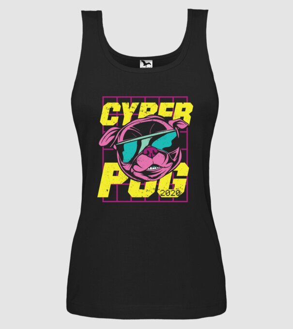 Mops Cyber Pug model negru pe tricou