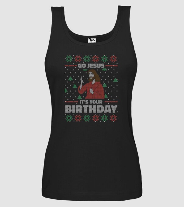 'Go Jesus, It''s Your Birthday Ugly Sweater' model negru pe tricou