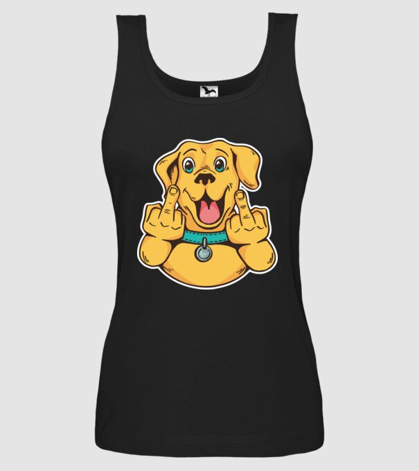 Golden Retriever arată degetul model negru pe tricou