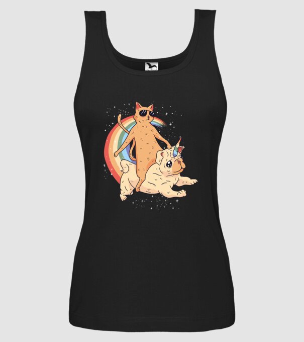 Pisică și Mops unicorn model negru pe tricou